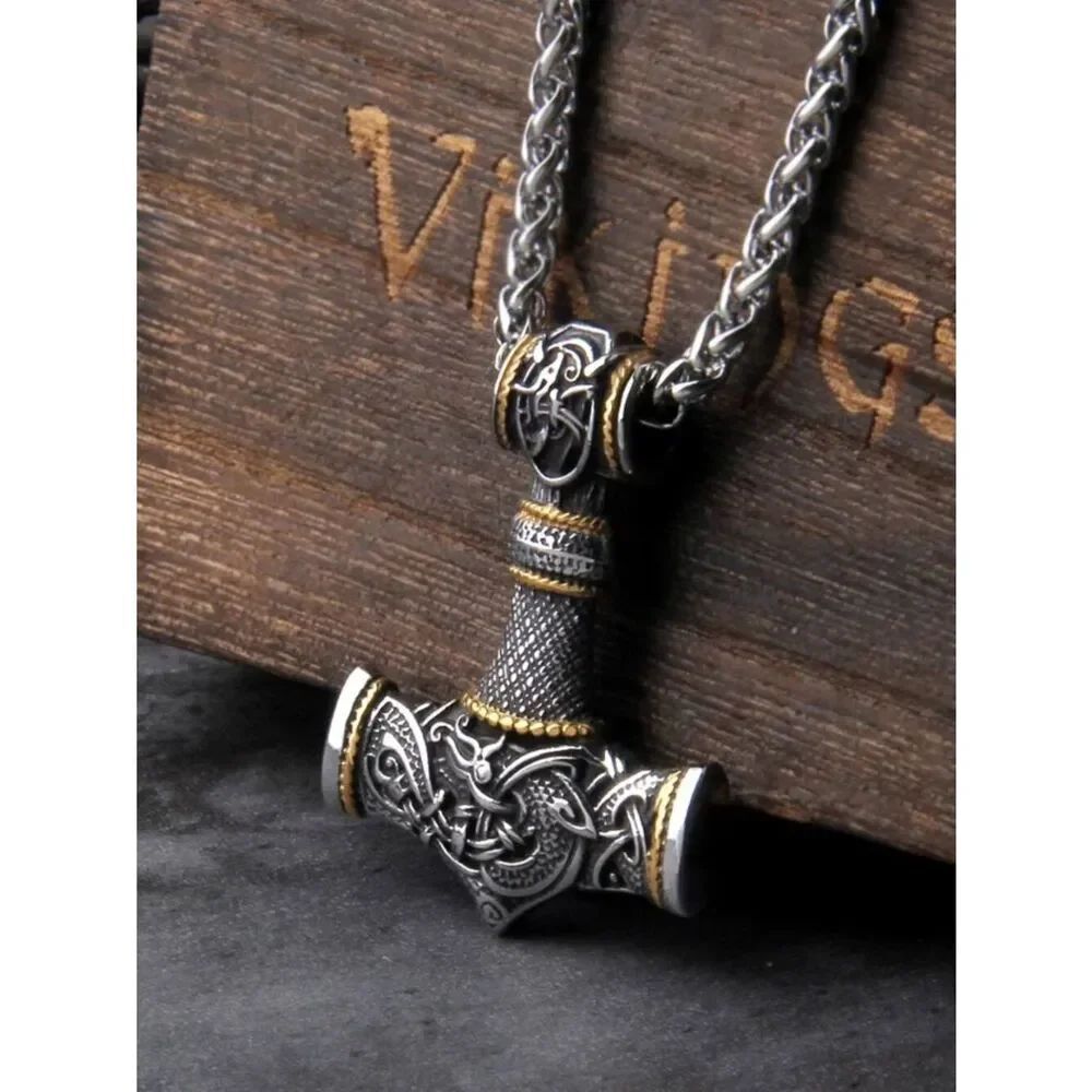 NWT Necklace Viking Norse-Inspired Two-Tone Pendant Braided Wheat Chain